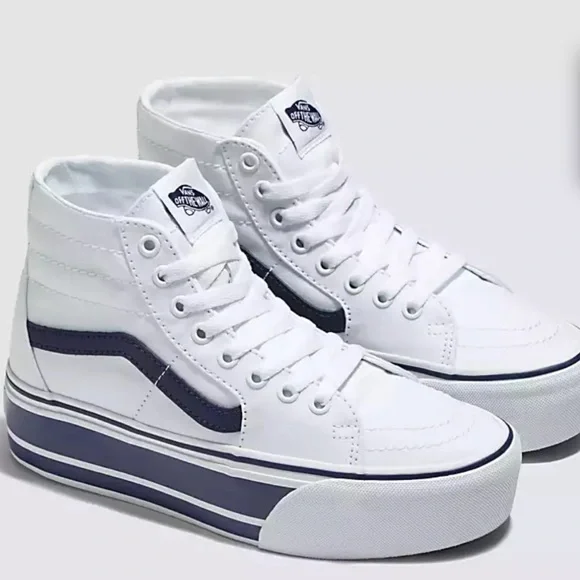 Vans Men’s Sk8-Hi Tapered
Sport Stripes Navy/True White 
VN0A5JMKNWD
Platforms - Picture 2 of 16